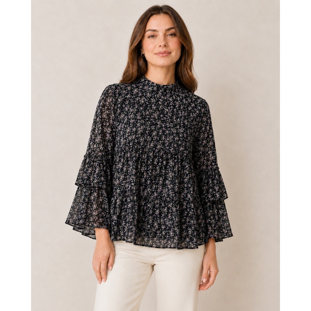 Walter Baker Floral Tiered Blouse M Black Pink Ruffle Cape Sleeve Boho Top